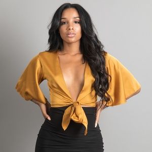 Tiffany | Mustard Satin Tied Crop Top